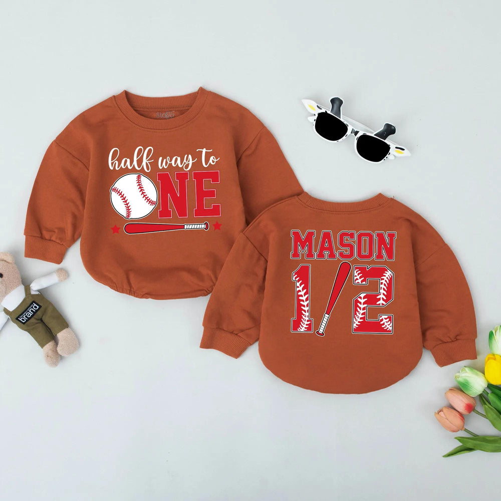 Personalized Halfway to One Baseball Romper Baby 6 Months Milestone Outfit Custom Name Bodysuit Birthday Gift Red White Design