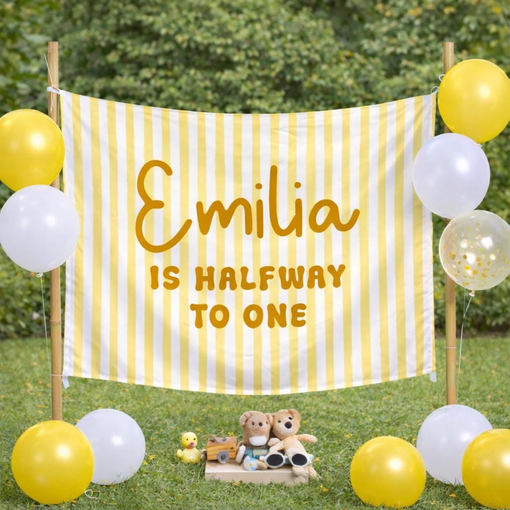 Personalized Halfway to One Birthday Banner for Baby Girl, Custom 6 Month Party Backdrop with Yellow and White Striped Festive Design