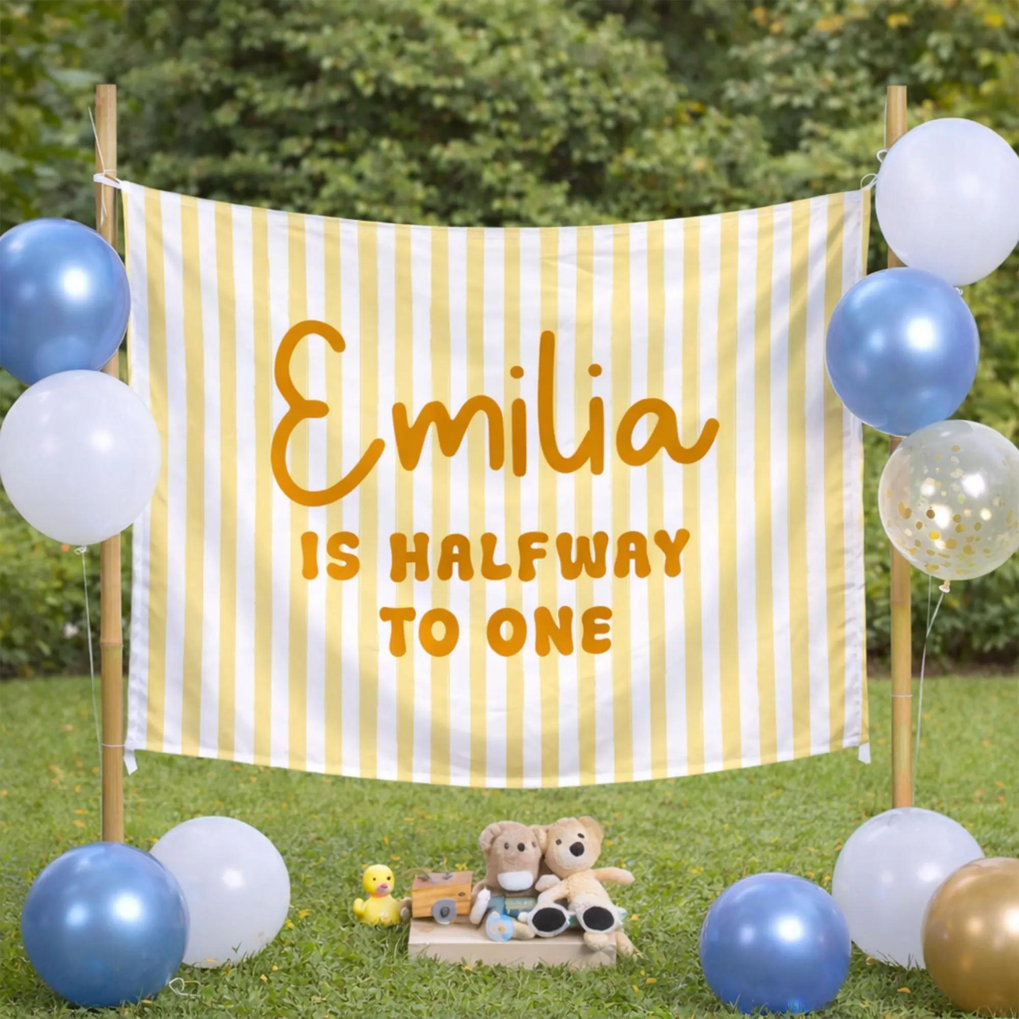 Personalized Halfway to One Birthday Banner for Baby Girl, Custom 6 Month Party Backdrop with Yellow and White Striped Festive Design