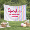 Personalized Halfway to One Silk Banner with Pastel Stripes and Custom Name for Baby’s 6-Month Birthday Party or Milestone Photos