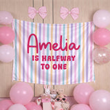 Personalized Halfway to One Silk Banner with Pastel Stripes and Custom Name for Baby’s 6-Month Birthday Party or Milestone Photos