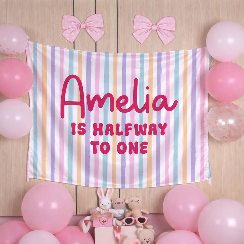Personalized Halfway to One Silk Banner with Pastel Stripes and Custom Name for Baby’s 6-Month Birthday Party or Milestone Photos