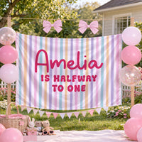Personalized Halfway to One Silk Banner with Pastel Stripes and Custom Name for Baby’s 6-Month Birthday Party or Milestone Photos