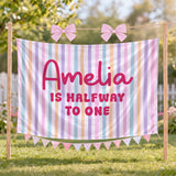 Personalized Halfway to One Silk Banner with Pastel Stripes and Custom Name for Baby’s 6-Month Birthday Party or Milestone Photos