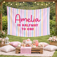 Personalized Halfway to One Silk Banner with Pastel Stripes and Custom Name for Baby’s 6-Month Birthday Party or Milestone Photos