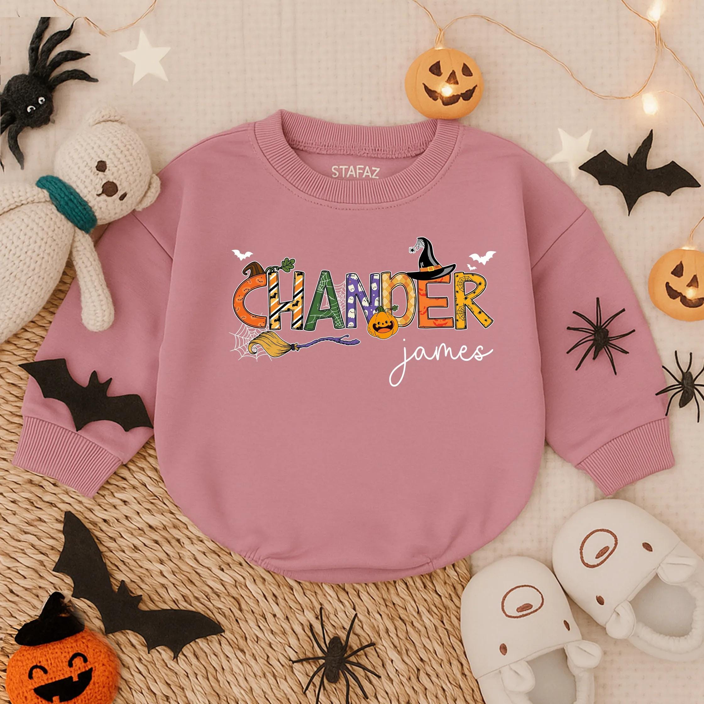 Personalized Halloween Baby Boy Romper Custom Name Outfit Spooky Fun Design with Witch Hat Bats Pumpkins Soft Cotton Toddler Gift