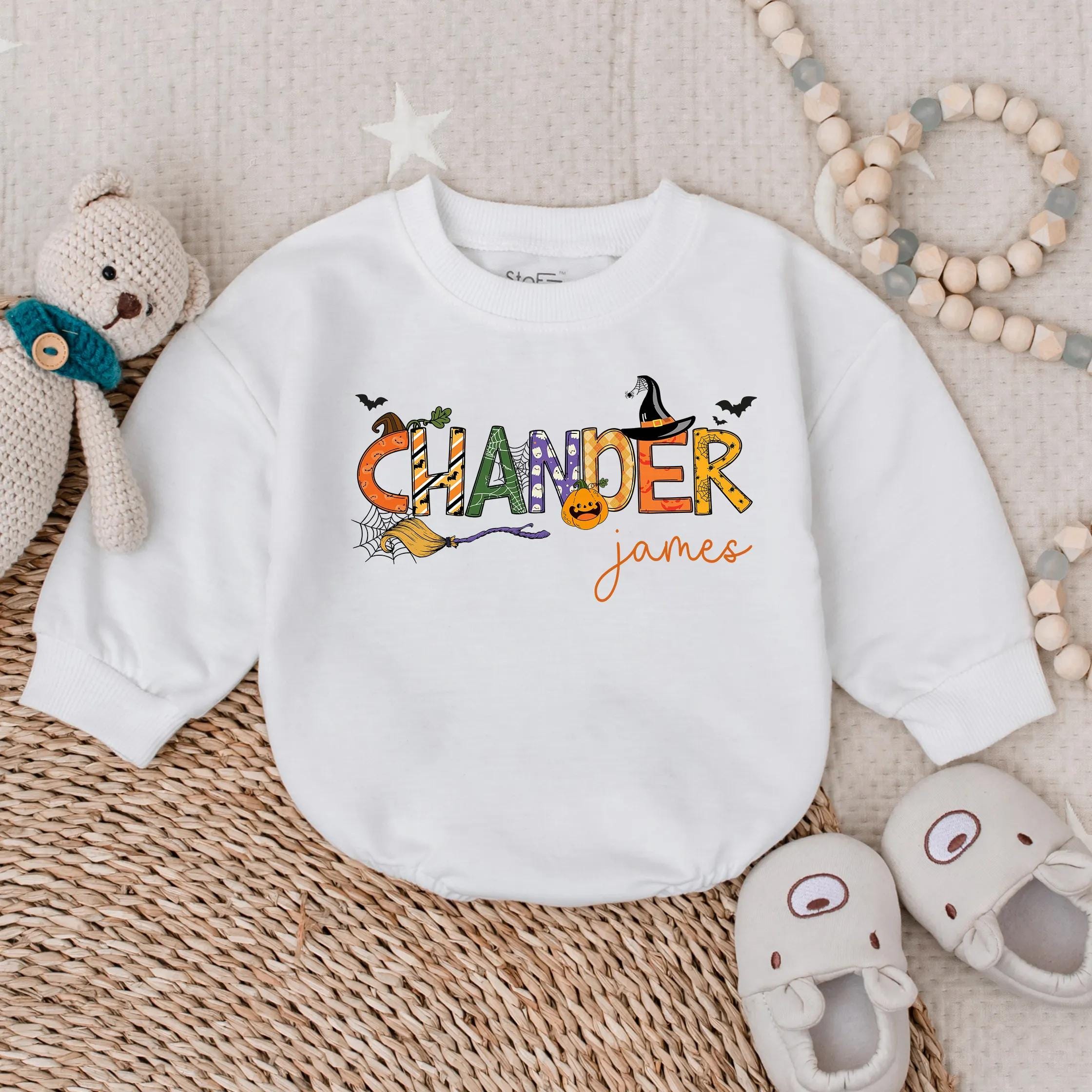 Personalized Halloween Baby Boy Romper Custom Name Outfit Spooky Fun Design with Witch Hat Bats Pumpkins Soft Cotton Toddler Gift