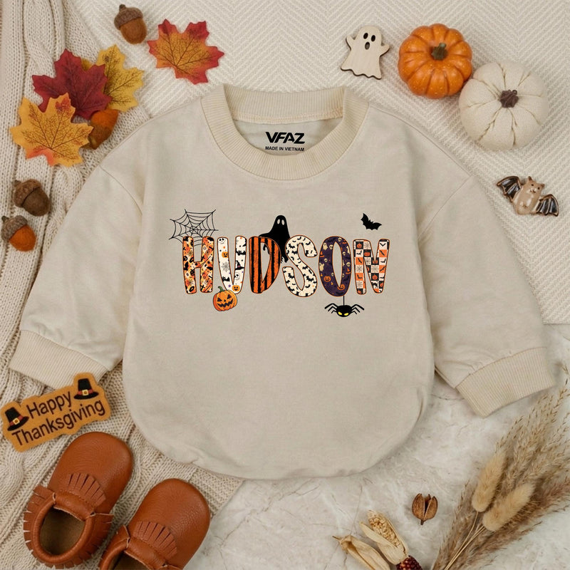 Personalized Halloween Baby Boy Romper with Name Ghost Bat Pumpkin Design Toddler First Halloween Outfit Soft Cotton Spooky Gift