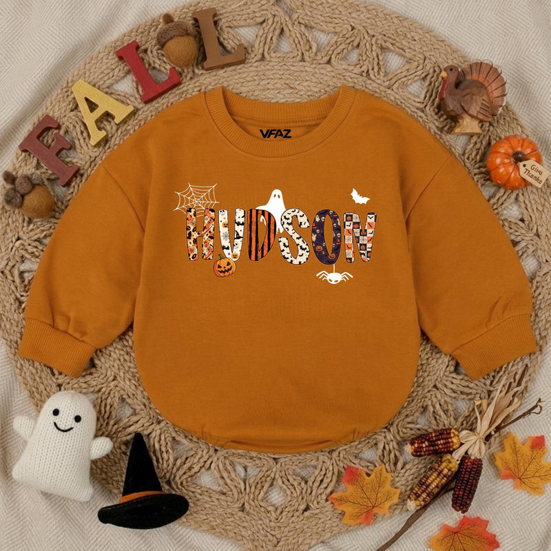Personalized Halloween Baby Boy Romper with Name Ghost Bat Pumpkin Design Toddler First Halloween Outfit Soft Cotton Spooky Gift