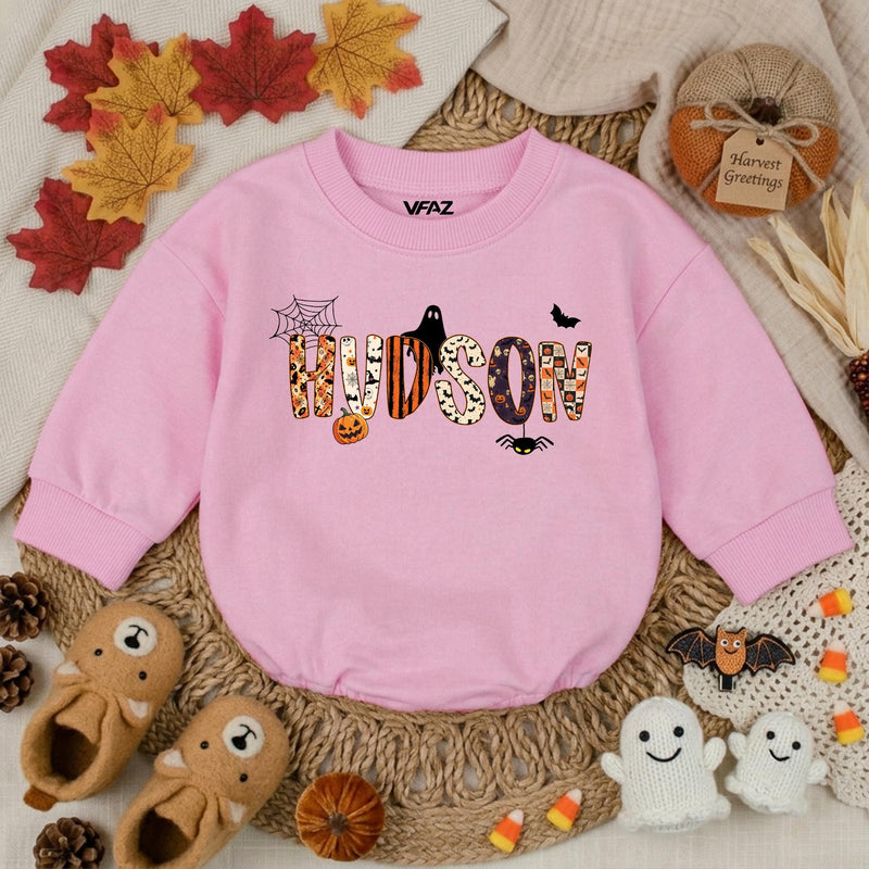 Personalized Halloween Baby Boy Romper with Name Ghost Bat Pumpkin Design Toddler First Halloween Outfit Soft Cotton Spooky Gift