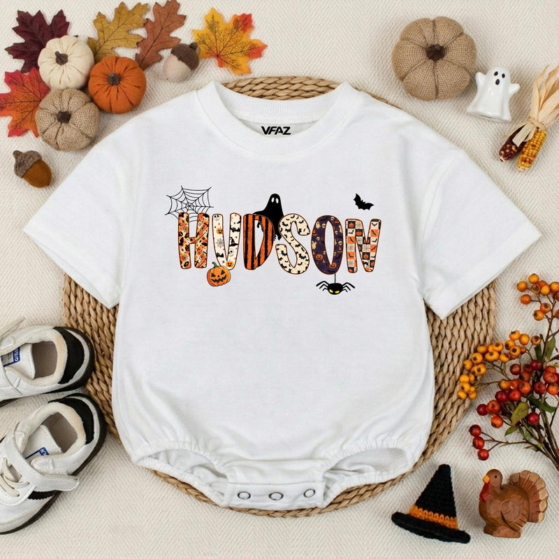 Personalized Halloween Baby Boy Romper with Name Ghost Bat Pumpkin Design Toddler First Halloween Outfit Soft Cotton Spooky Gift