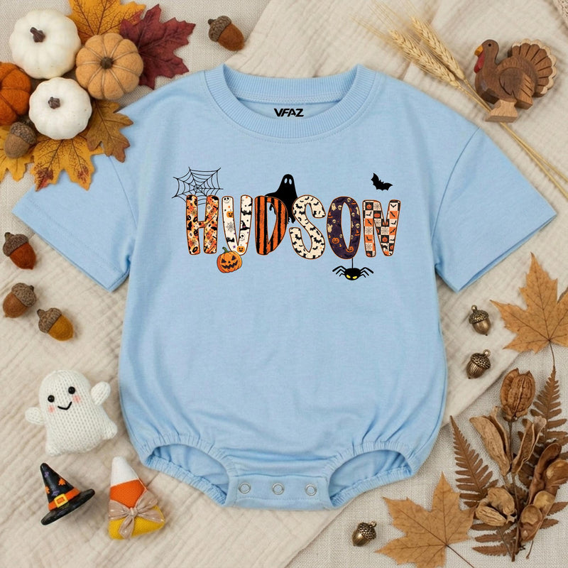 Personalized Halloween Baby Boy Romper with Name Ghost Bat Pumpkin Design Toddler First Halloween Outfit Soft Cotton Spooky Gift