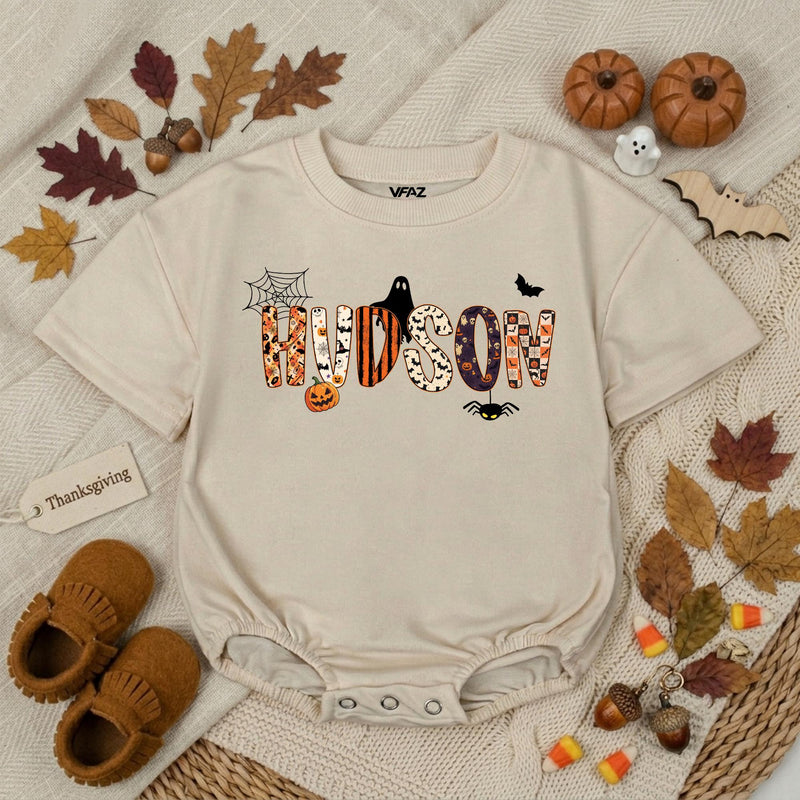 Personalized Halloween Baby Boy Romper with Name Ghost Bat Pumpkin Design Toddler First Halloween Outfit Soft Cotton Spooky Gift
