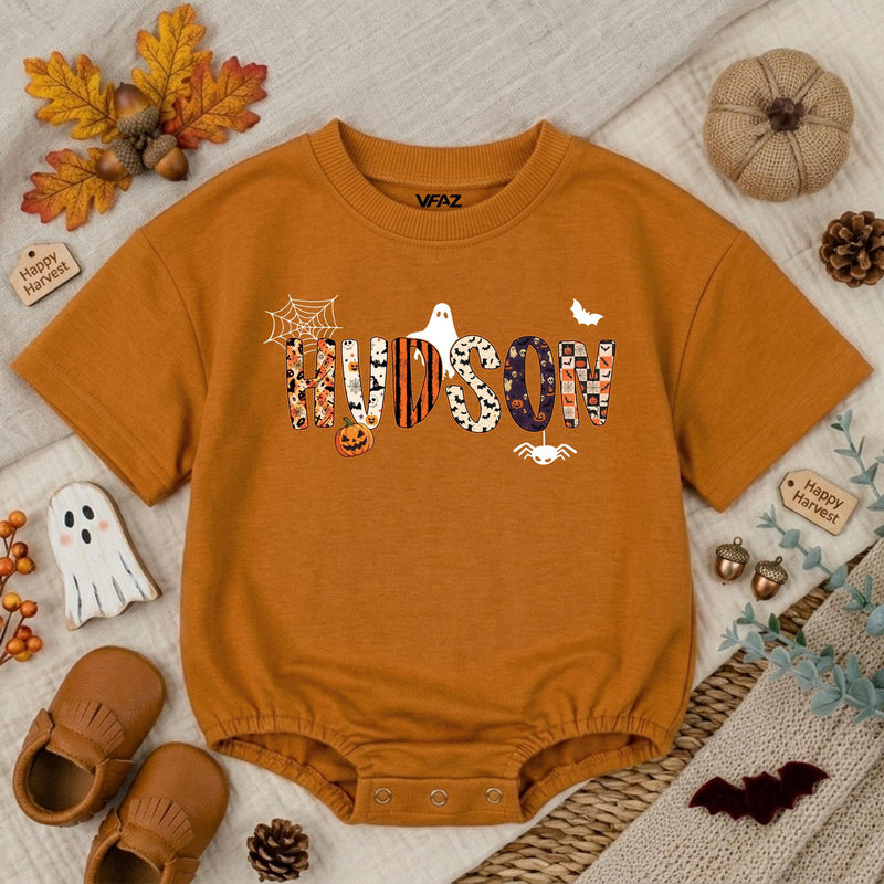 Personalized Halloween Baby Boy Romper with Name Ghost Bat Pumpkin Design Toddler First Halloween Outfit Soft Cotton Spooky Gift