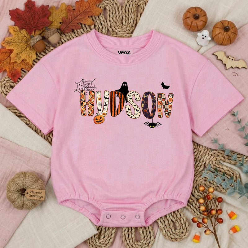 Personalized Halloween Baby Boy Romper with Name Ghost Bat Pumpkin Design Toddler First Halloween Outfit Soft Cotton Spooky Gift