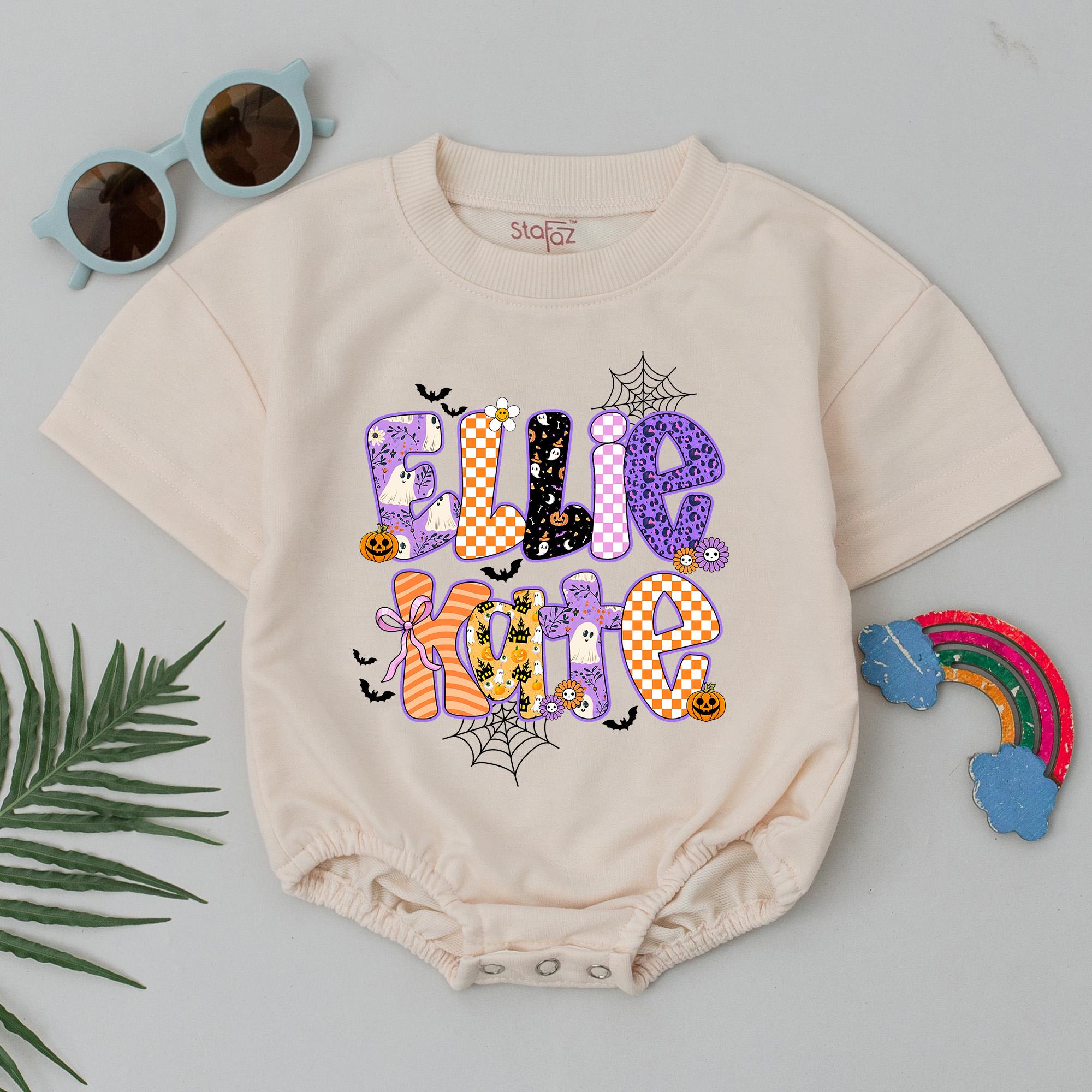 Personalized Halloween Baby Romper with Custom Name in Bold Bubble Letters, Ghosts Pumpkins Floral Patterns, Little Boo Birthday Outfit