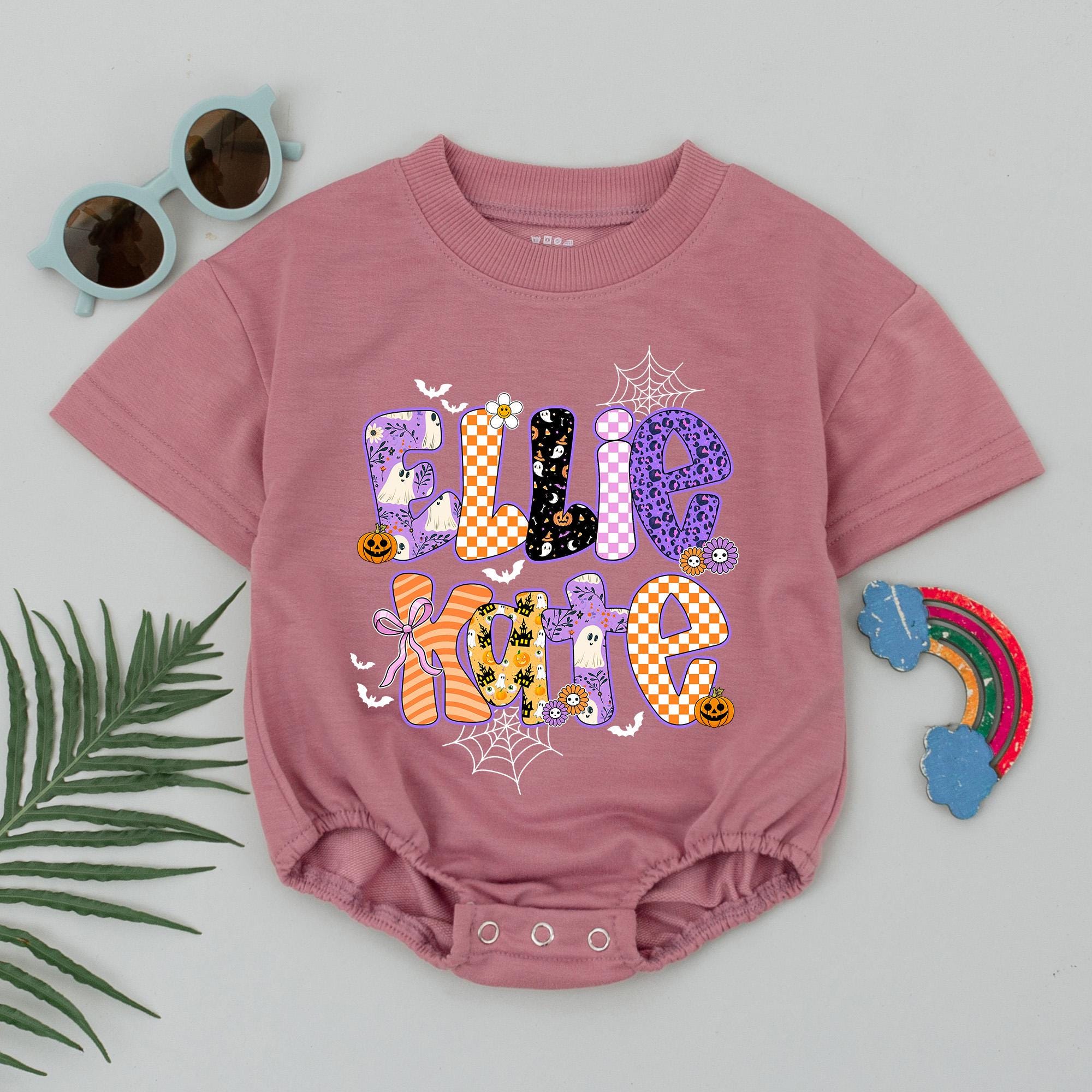 Personalized Halloween Baby Romper with Custom Name in Bold Bubble Letters, Ghosts Pumpkins Floral Patterns, Little Boo Birthday Outfit