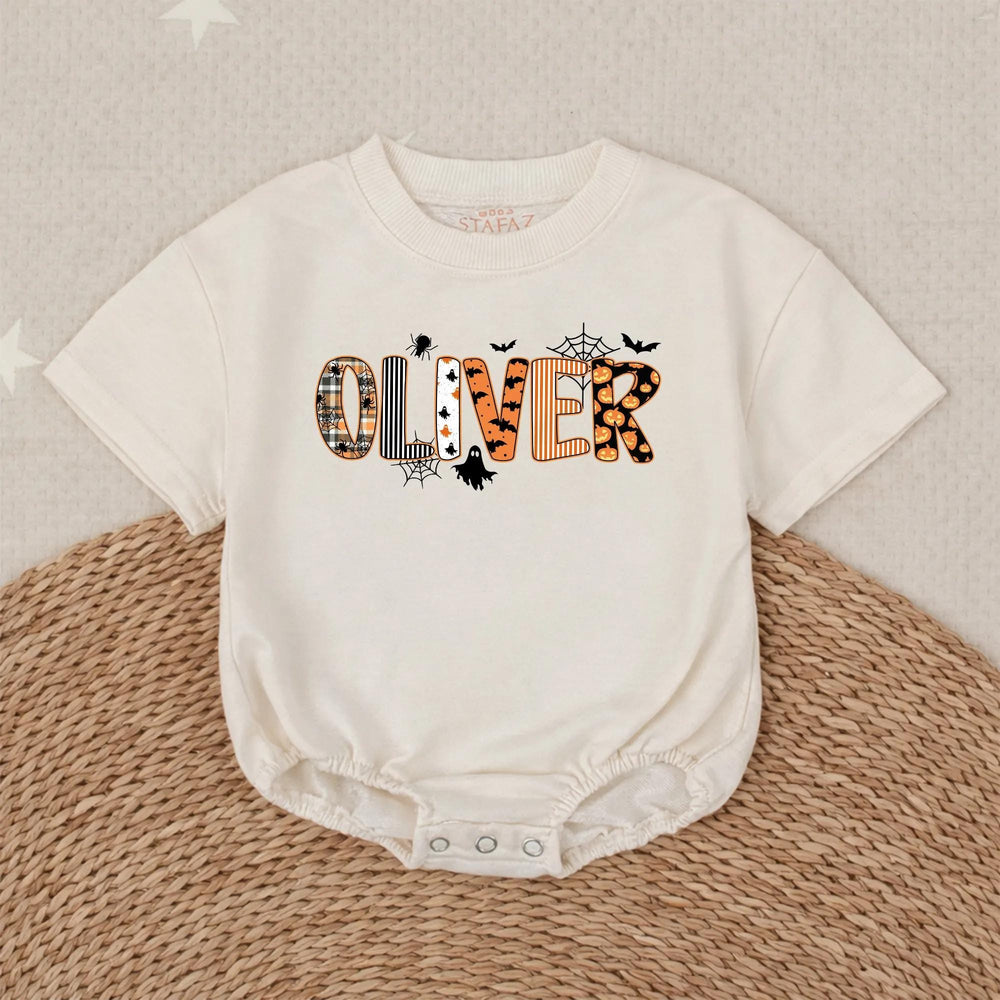 Personalized Halloween Baby Romper with Custom Oliver Name Design, Orange Plaid Pumpkin Prints, Soft Cotton Outfit for Newborn or Toddler