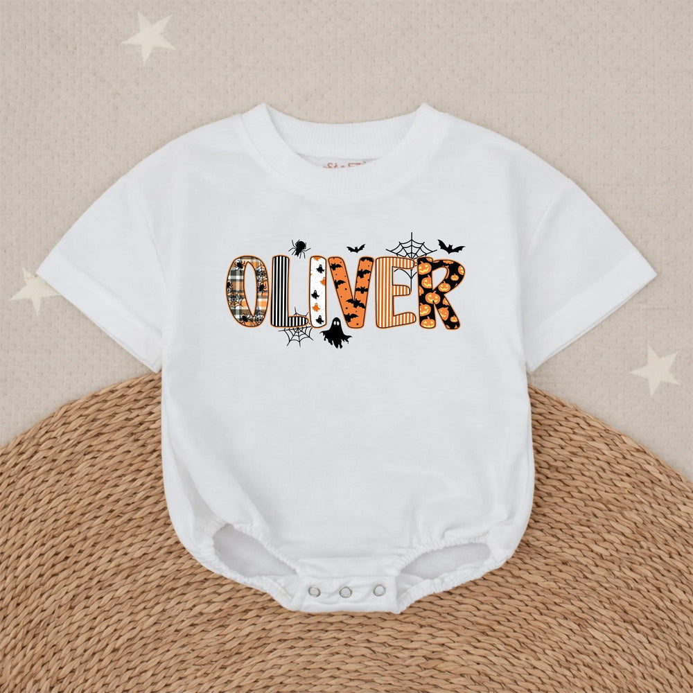 Personalized Halloween Baby Romper with Custom Oliver Name Design, Orange Plaid Pumpkin Prints, Soft Cotton Outfit for Newborn or Toddler