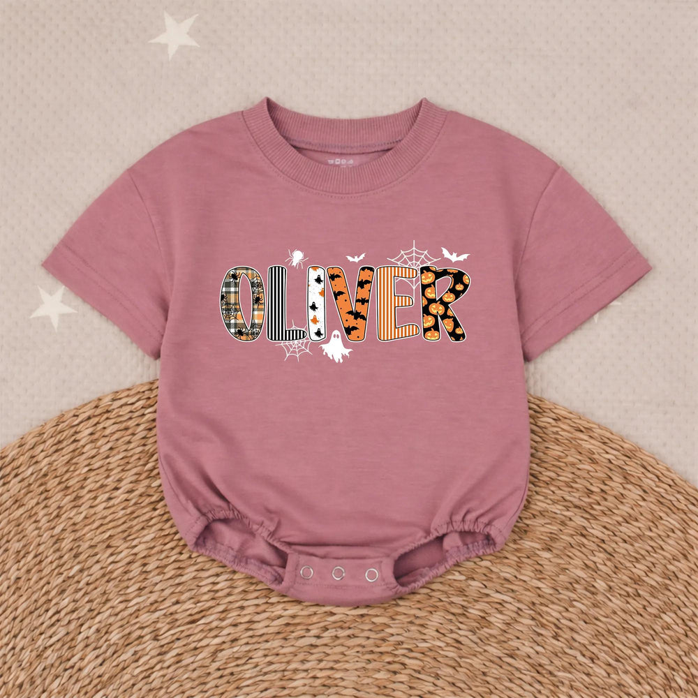 Personalized Halloween Baby Romper with Custom Oliver Name Design, Orange Plaid Pumpkin Prints, Soft Cotton Outfit for Newborn or Toddler