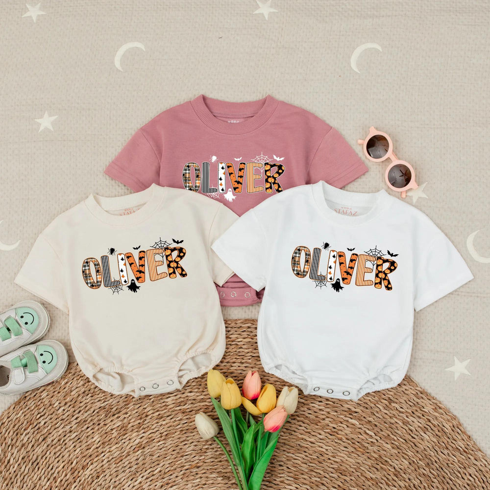Personalized Halloween Baby Romper with Custom Oliver Name Design, Orange Plaid Pumpkin Prints, Soft Cotton Outfit for Newborn or Toddler