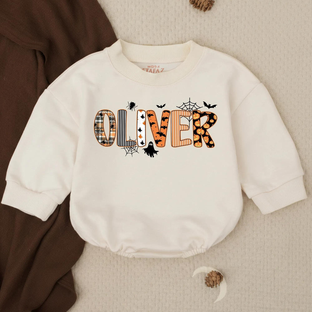 Personalized Halloween Baby Romper with Custom Oliver Name Design, Orange Plaid Pumpkin Prints, Soft Cotton Outfit for Newborn or Toddler