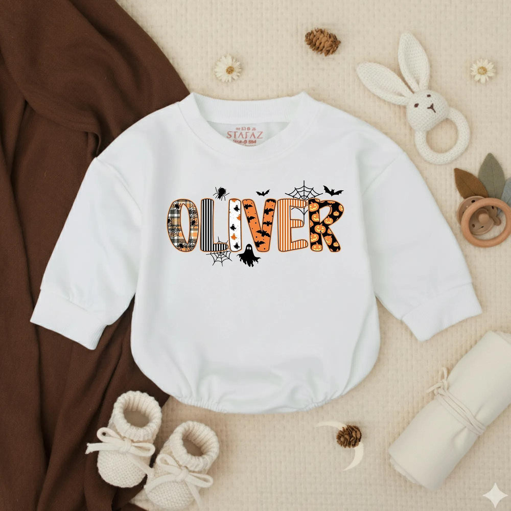 Personalized Halloween Baby Romper with Custom Oliver Name Design, Orange Plaid Pumpkin Prints, Soft Cotton Outfit for Newborn or Toddler