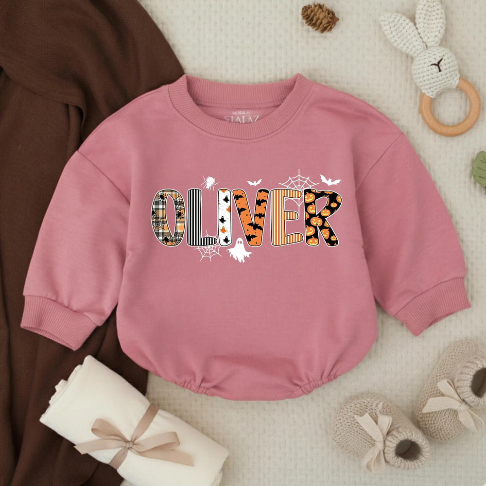 Personalized Halloween Baby Romper with Custom Oliver Name Design, Orange Plaid Pumpkin Prints, Soft Cotton Outfit for Newborn or Toddler