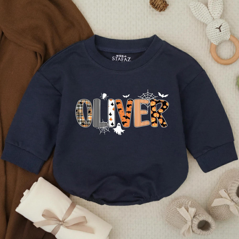 Personalized Halloween Baby Romper with Custom Oliver Name Design, Orange Plaid Pumpkin Prints, Soft Cotton Outfit for Newborn or Toddler