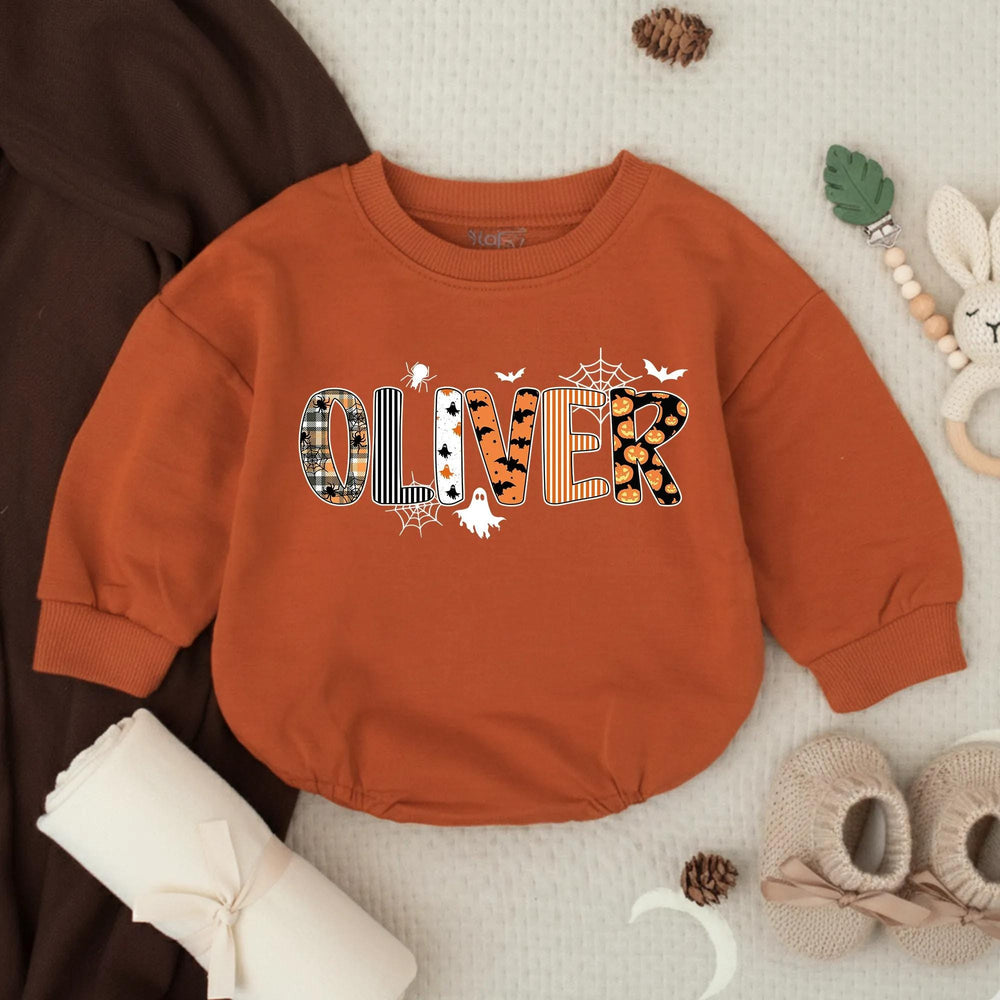 Personalized Halloween Baby Romper with Custom Oliver Name Design, Orange Plaid Pumpkin Prints, Soft Cotton Outfit for Newborn or Toddler