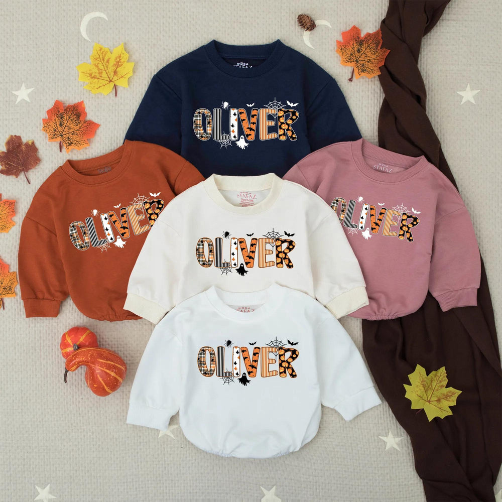 Personalized Halloween Baby Romper with Custom Oliver Name Design, Orange Plaid Pumpkin Prints, Soft Cotton Outfit for Newborn or Toddler