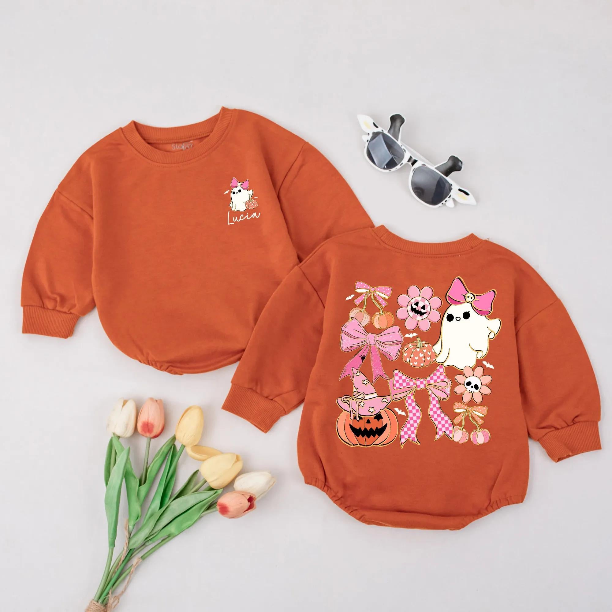 Personalized Halloween Baby Romper with Cute Ghost Pink Bow Smiling Pumpkin Baby Girl Outfit Soft Pastel Fall Birthday Gift