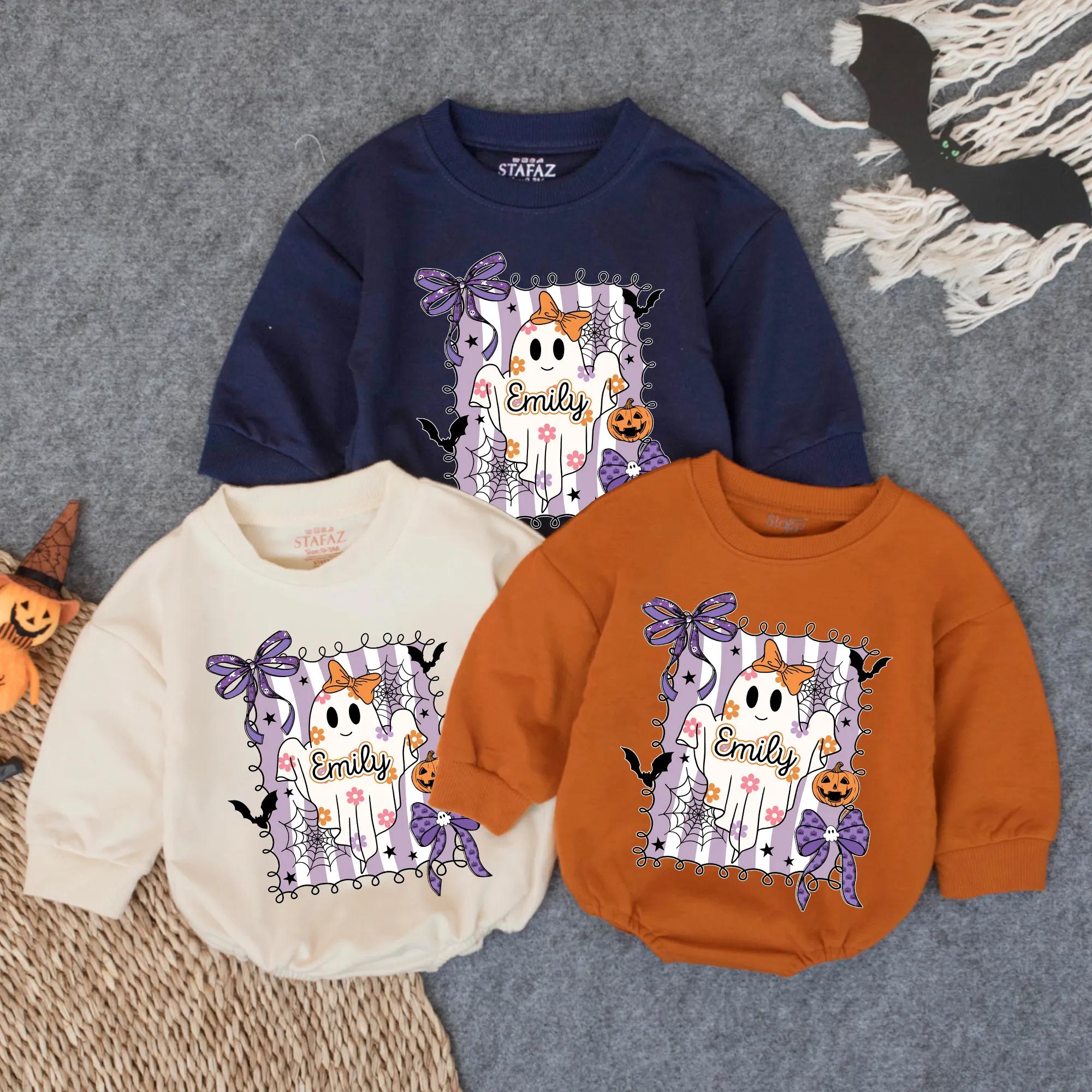 Personalized Halloween Baby Romper with Ghost and Witch Hat Infant First Costume Spooky Boo Outfit Soft Cotton Bodysuit Gift
