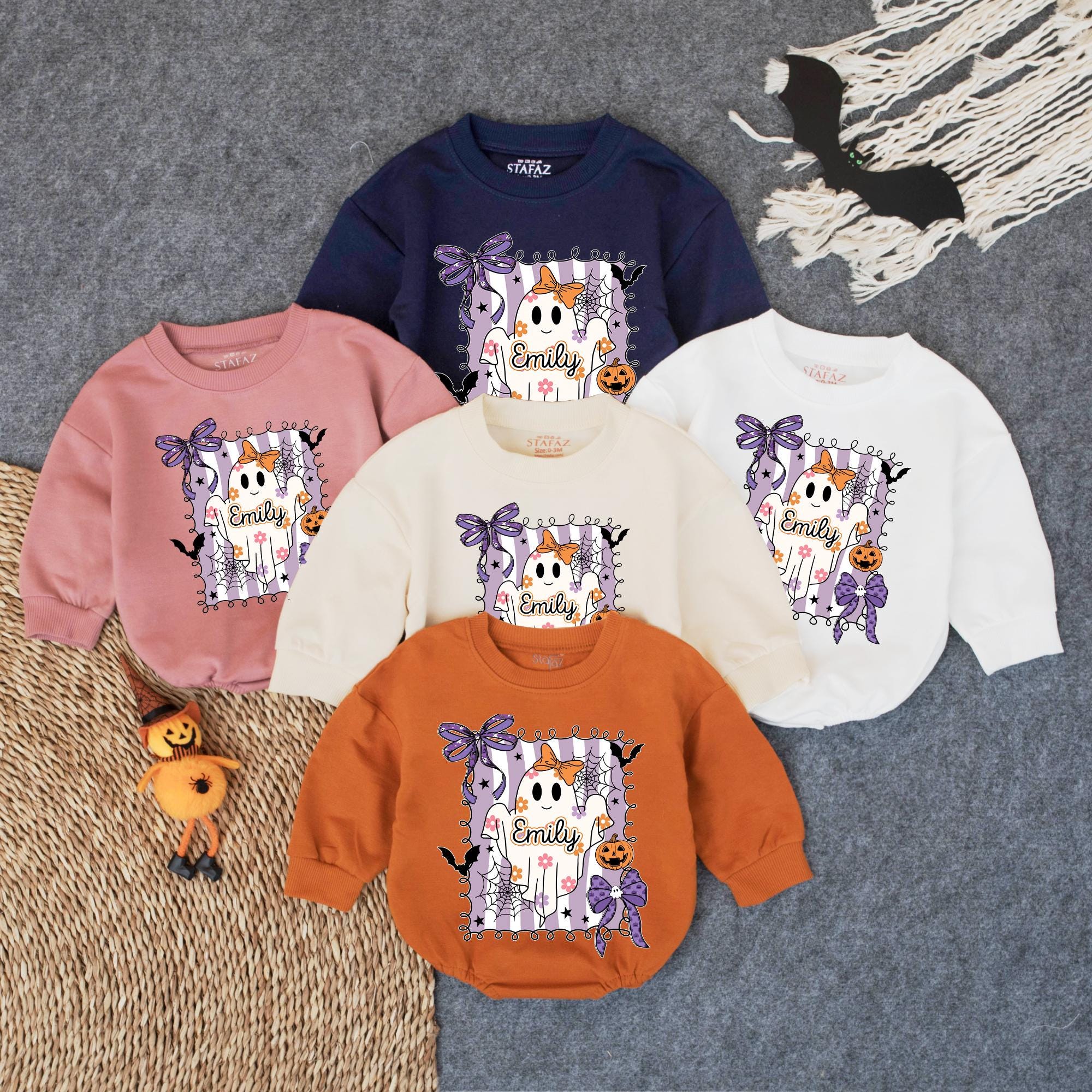 Personalized Halloween Baby Romper with Ghost and Witch Hat Infant First Costume Spooky Boo Outfit Soft Cotton Bodysuit Gift