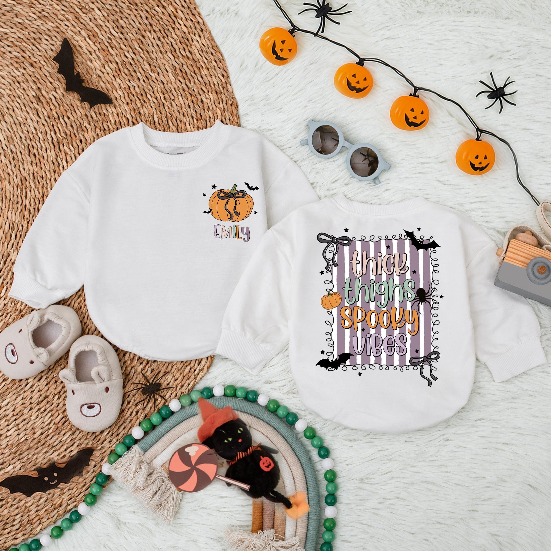 Personalized Halloween Baby Romper with Pumpkin Face and Spooky Vibes Design Fun Infant Bodysuit Trick or Treat Gift for Baby Girl or Boy