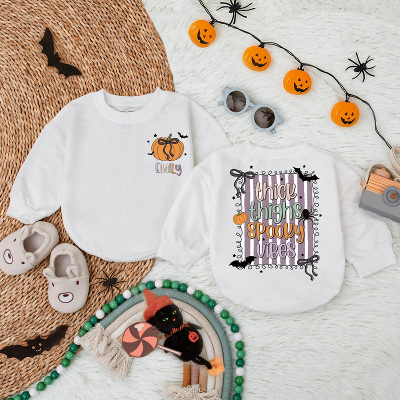 Personalized Halloween Baby Romper with Pumpkin Face and Spooky Vibes Design Fun Infant Bodysuit Trick or Treat Gift for Baby Girl or Boy