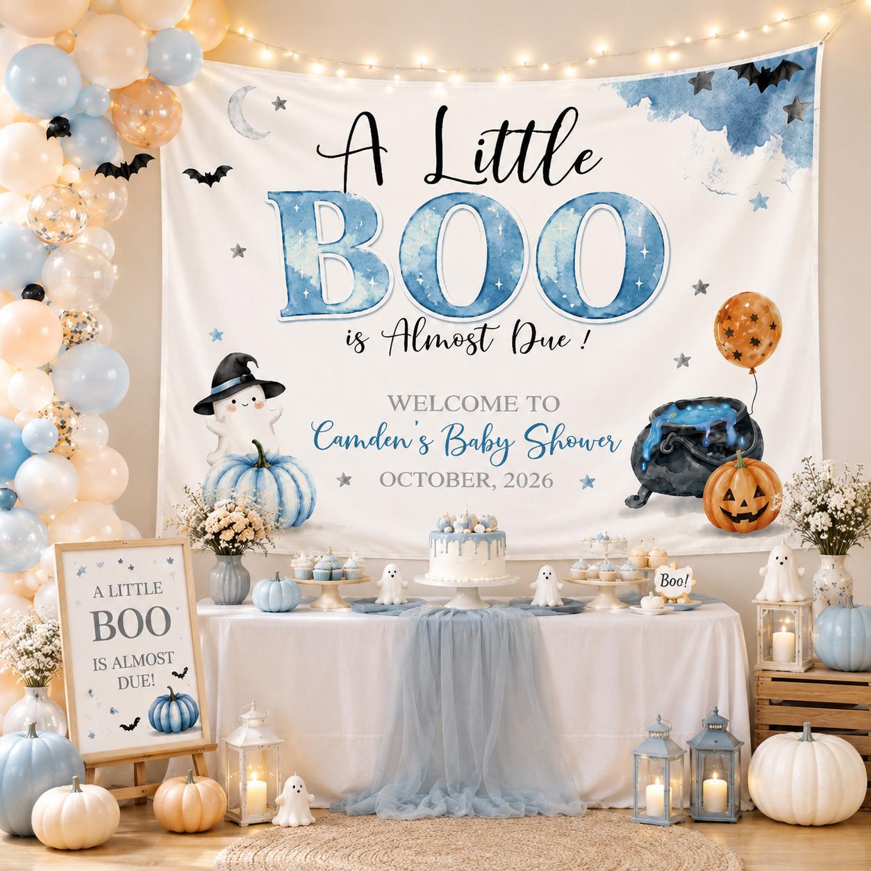 Personalized Halloween Baby Shower Backdrop A Little Boo is Almost Due Ghost and Pumpkin Decor with Custom Name and Date