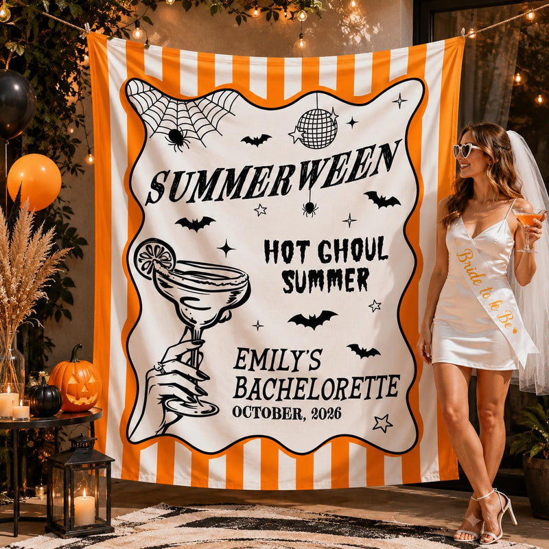 Personalized Halloween Bachelorette Banner Summerween Party Decor Custom Name Date Backdrop Spooky Bride Hot Ghoul October Celebration