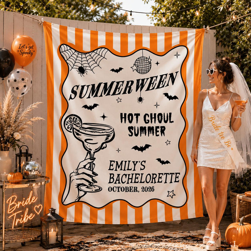 Personalized Halloween Bachelorette Banner Summerween Party Decor Custom Name Date Backdrop Spooky Bride Hot Ghoul October Celebration