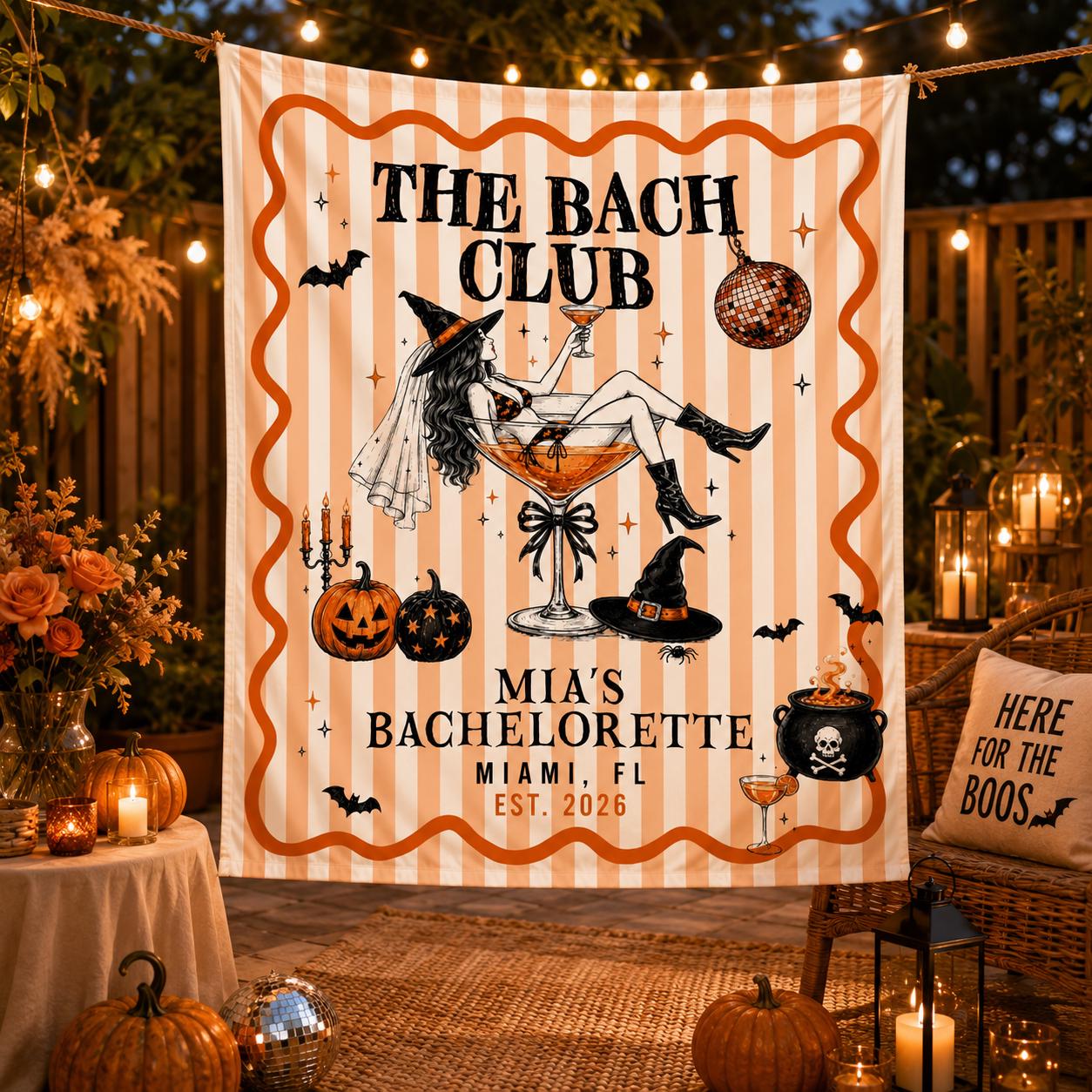 Personalized Halloween Bachelorette Party Banner Retro Orange Disco Theme Custom Name Date Mia's Celebration Miami Witch Design