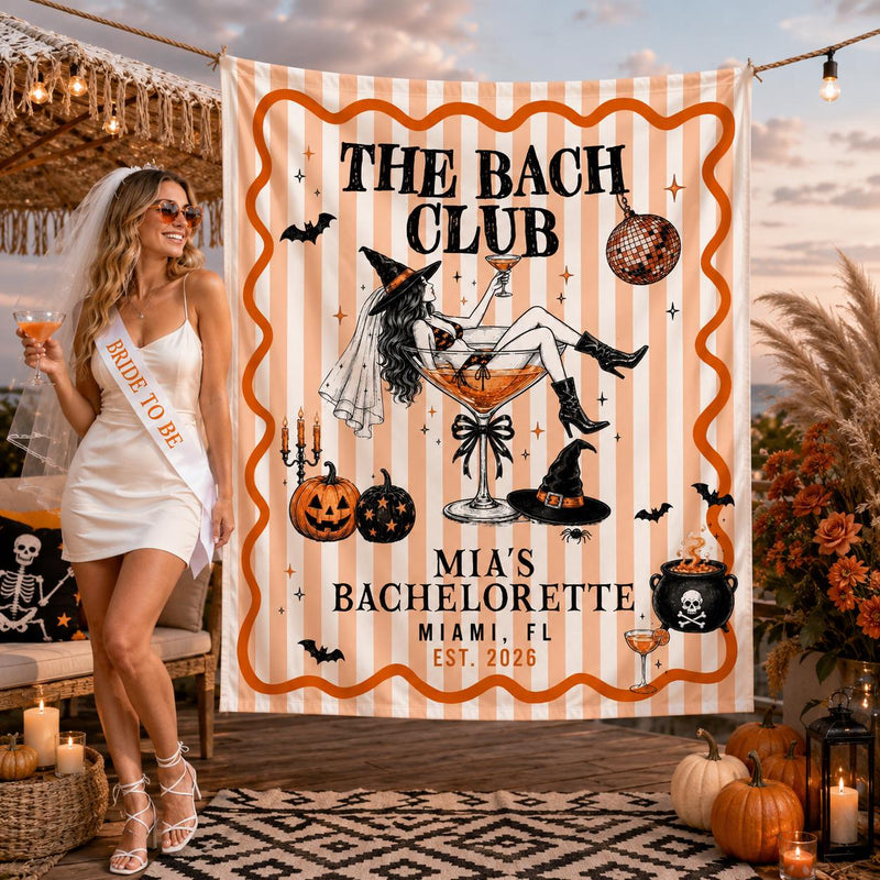 Personalized Halloween Bachelorette Party Banner Retro Orange Disco Theme Custom Name Date Mia's Celebration Miami Witch Design