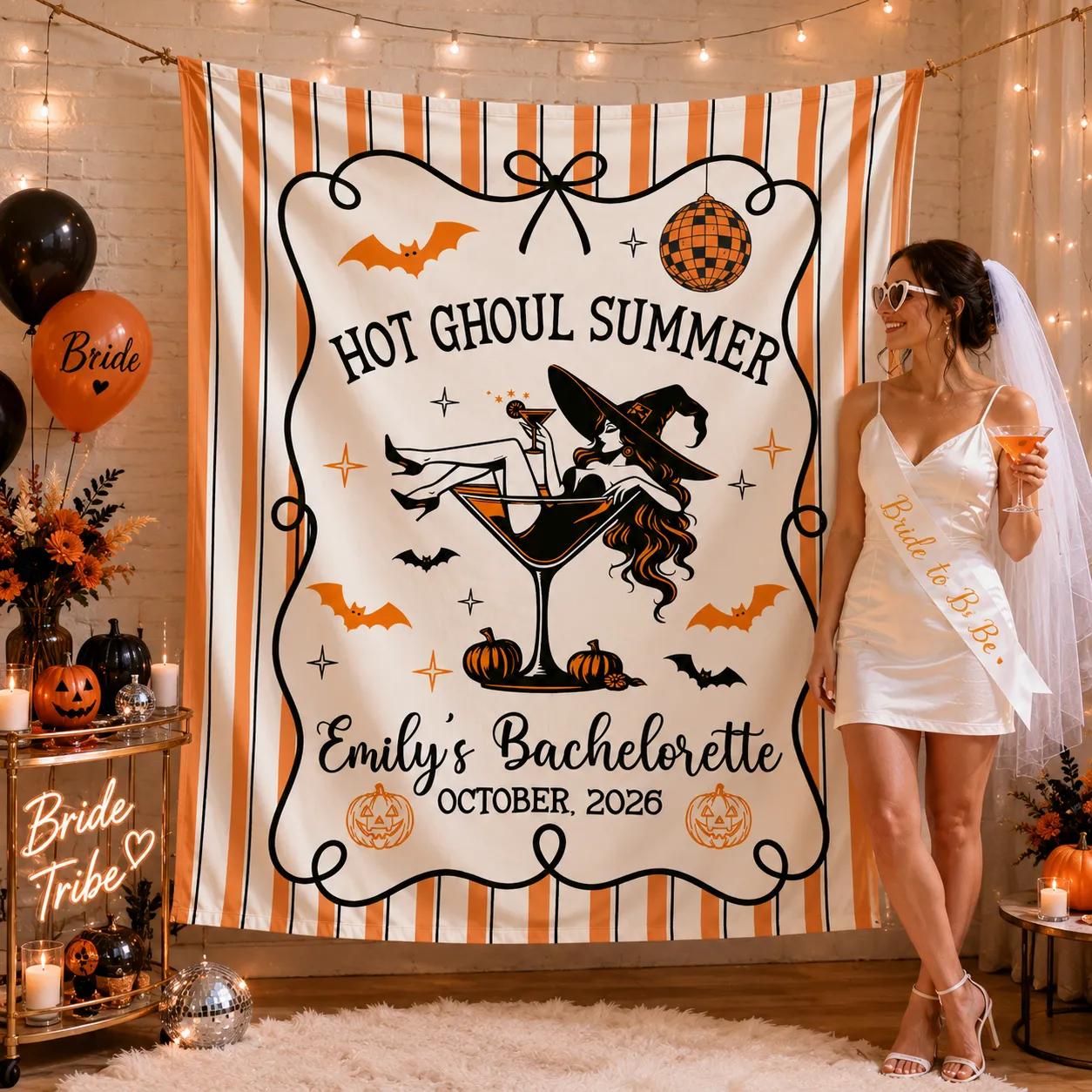 Personalized Halloween Bachelorette Party Banner with Witch Martini Glass, Retro Orange Stripes, Custom Bride Name and Date Decoration