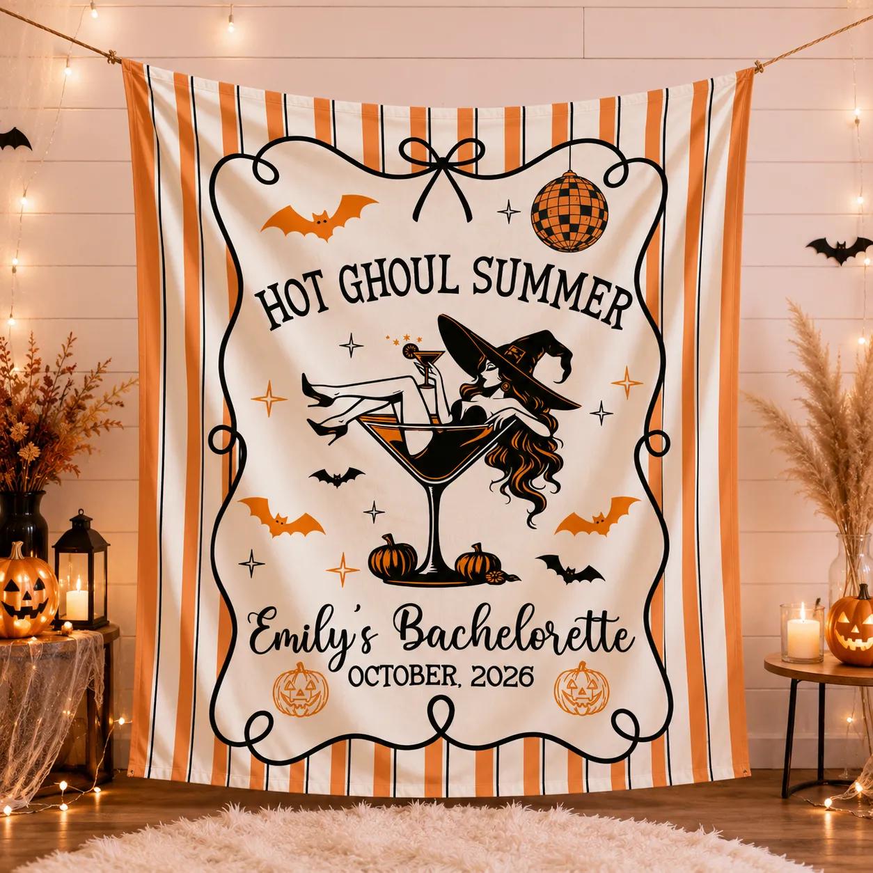 Personalized Halloween Bachelorette Party Banner with Witch Martini Glass, Retro Orange Stripes, Custom Bride Name and Date Decoration