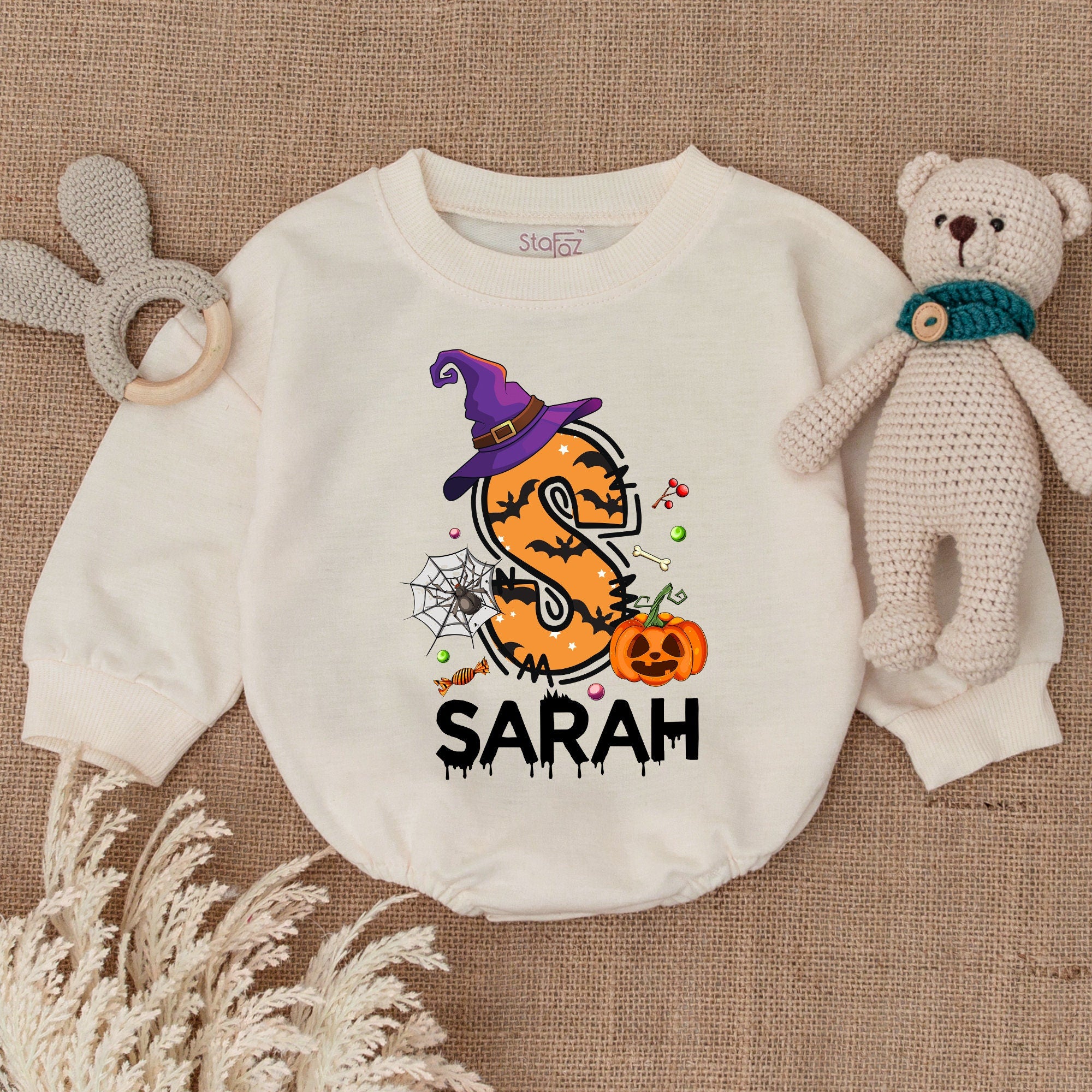 Personalized Halloween Bodysuit for Baby Boy with Witch Hat Pumpkin Design First Holiday Outfit Soft Cotton Fall Romper Baby Gift