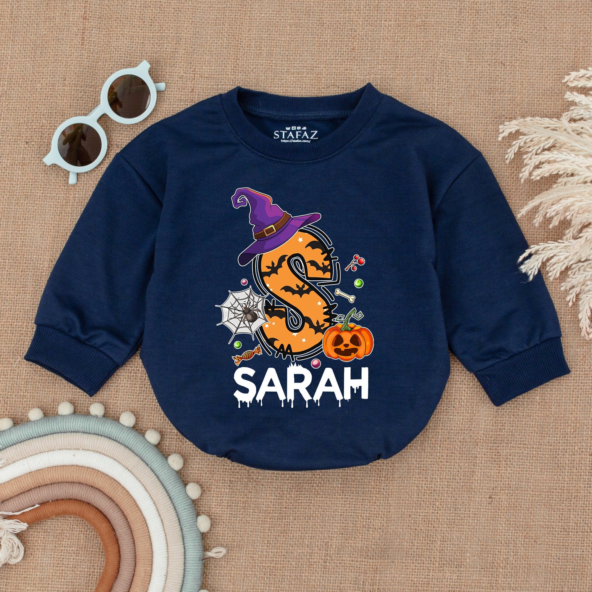 Personalized Halloween Bodysuit for Baby Boy with Witch Hat Pumpkin Design First Holiday Outfit Soft Cotton Fall Romper Baby Gift