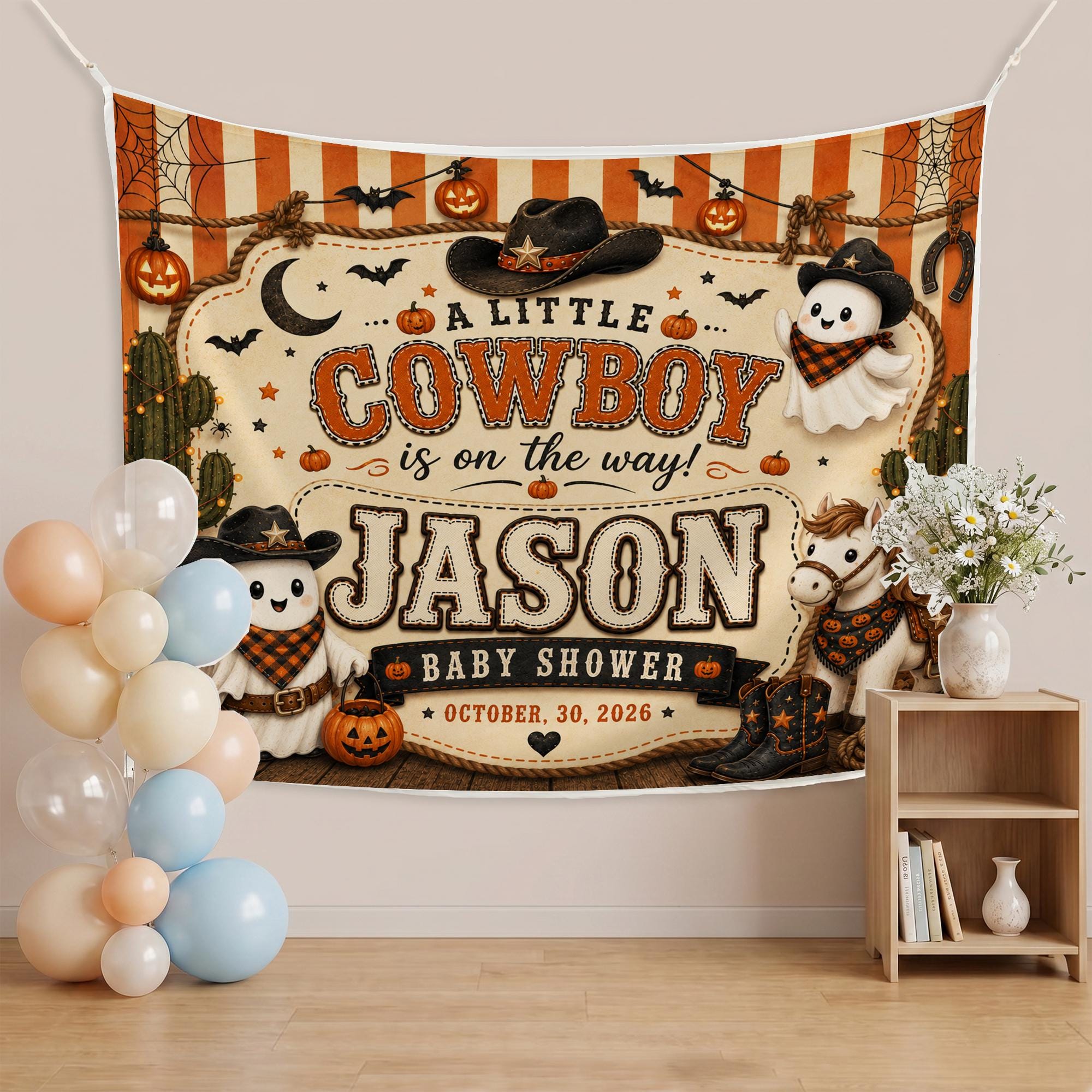 Personalized Halloween Cowboy Baby Shower Silk Banner with Ghosts, Western Decor Backdrop for Little Cowboy Celebration, Custom Name & Date