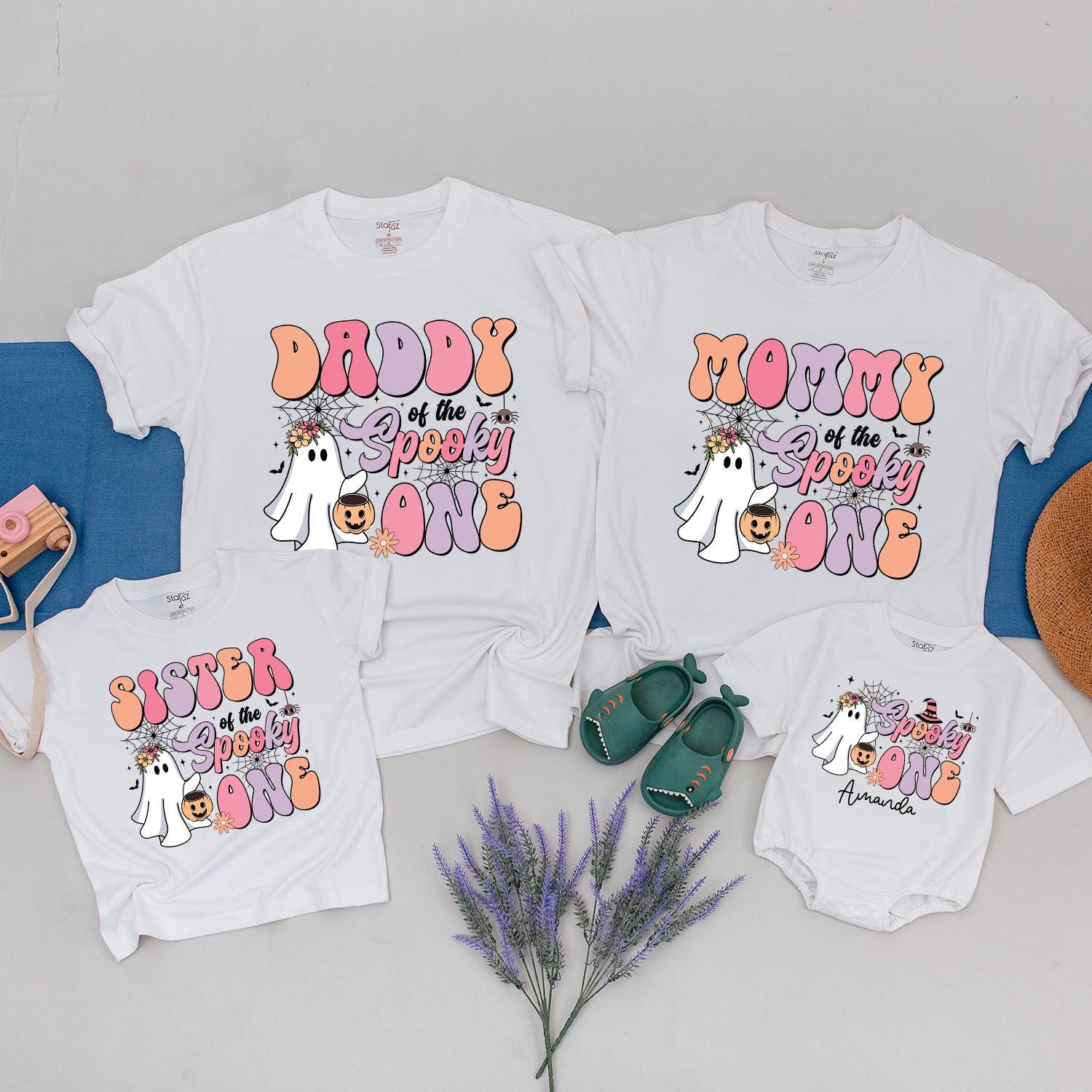 Personalized Halloween Family Shirts with Ghosts and Pumpkins Custom Name Birthday Outfit Spooky One Matching Mommy Daddy Sister
