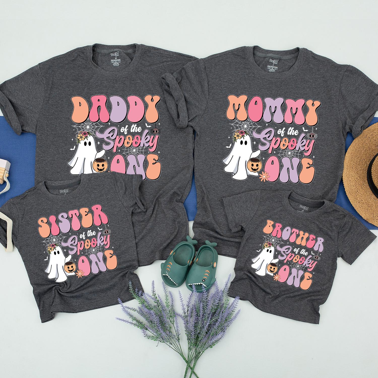 Personalized Halloween Family Shirts with Ghosts and Pumpkins Custom Name Birthday Outfit Spooky One Matching Mommy Daddy Sister