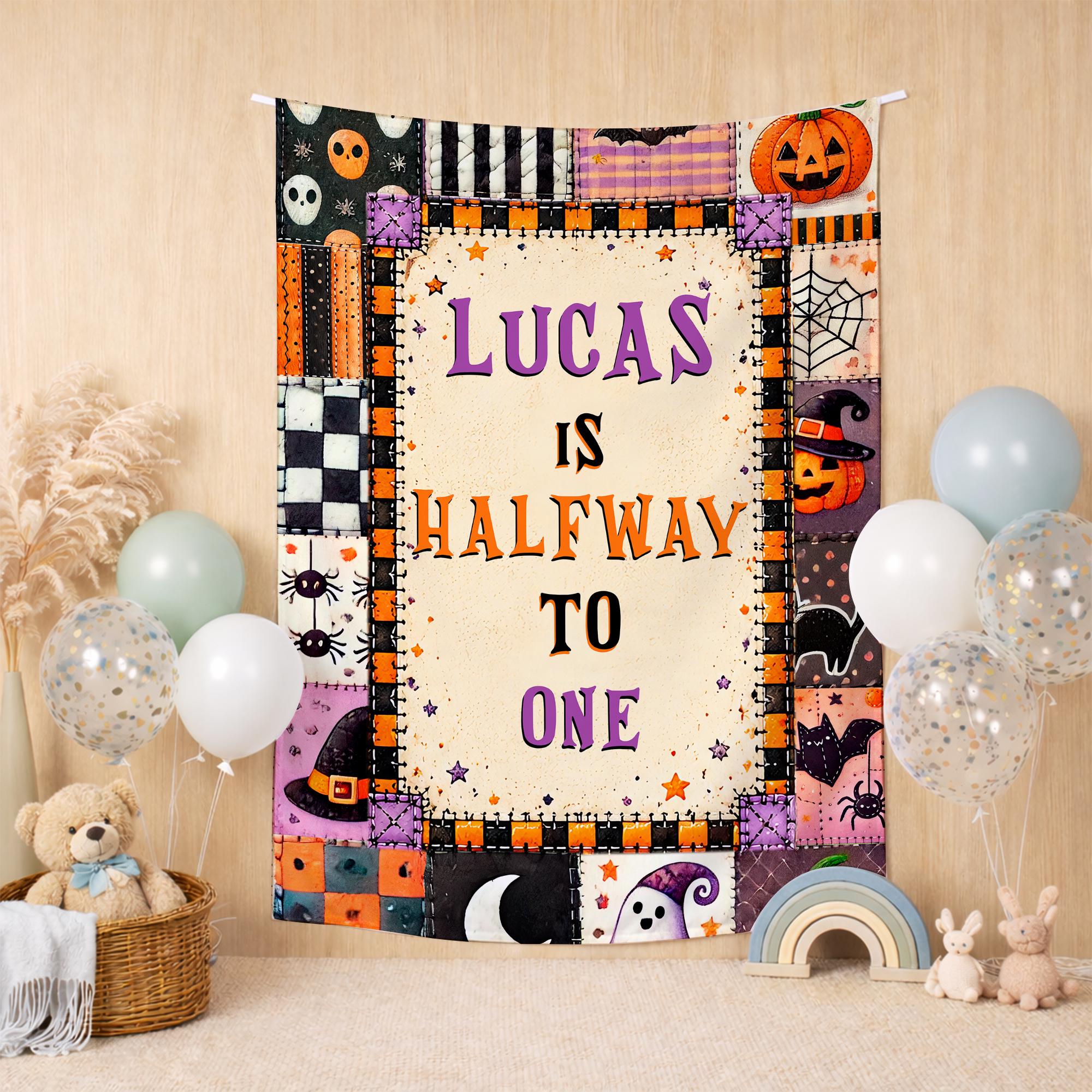 Personalized Halloween Half Birthday Boy Banner with Custom Name, Spooky Halfway to One Party Backdrop, Pumpkins Ghosts Bats Design