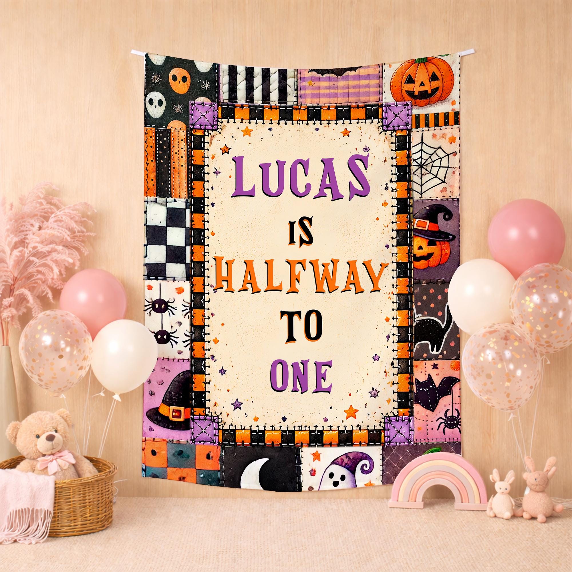 Personalized Halloween Half Birthday Boy Banner with Custom Name, Spooky Halfway to One Party Backdrop, Pumpkins Ghosts Bats Design